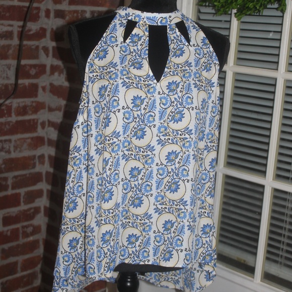 Kaari Blue floral print sleeveless top Blue Yellow Black White NEW Size Large - Picture 1 of 7